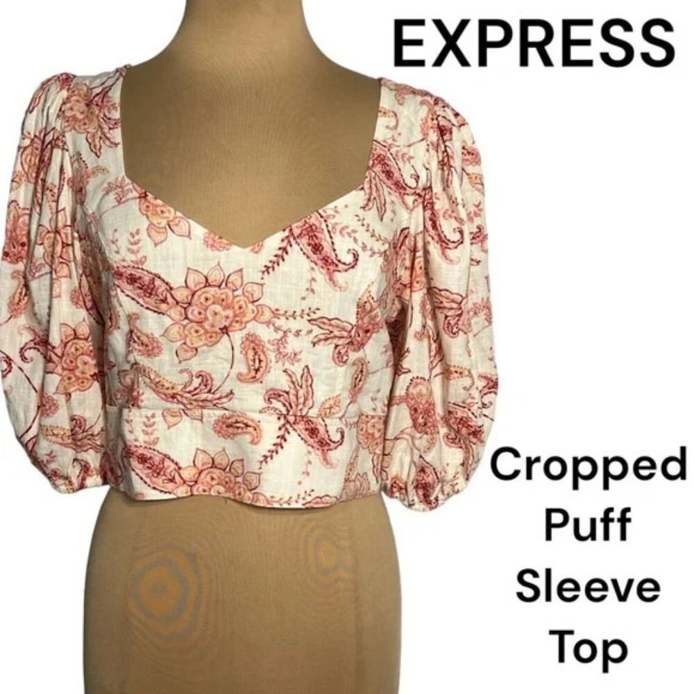 Express Crop Top Blouse Floral Linen Blend Boho Balloon Sleeve